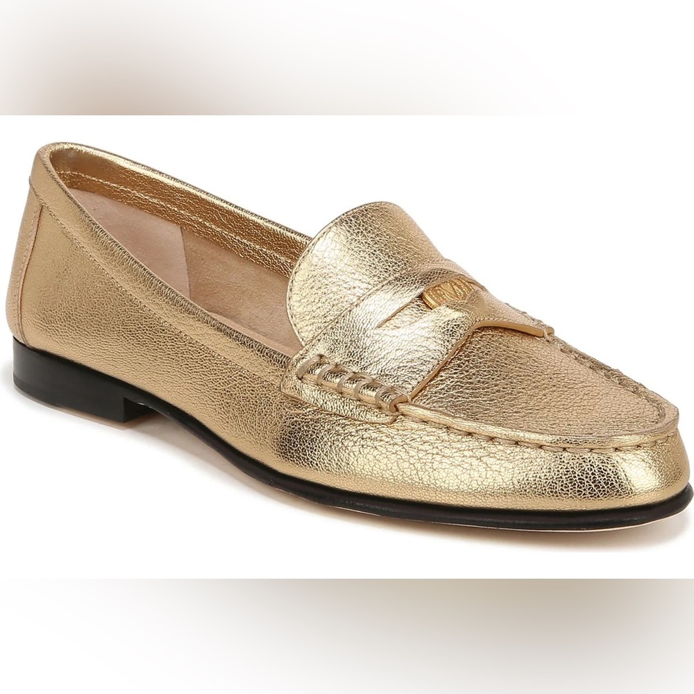 New in Box, Veronica Beard Penny Metallic Leather Loafer, Gold, Size 7.5